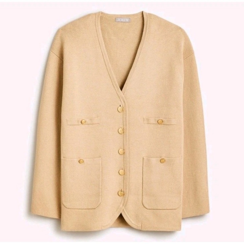 J.CREW V-neck Blazer Sweater Women's Size L Tan Oversized Golden Buttons Pockets